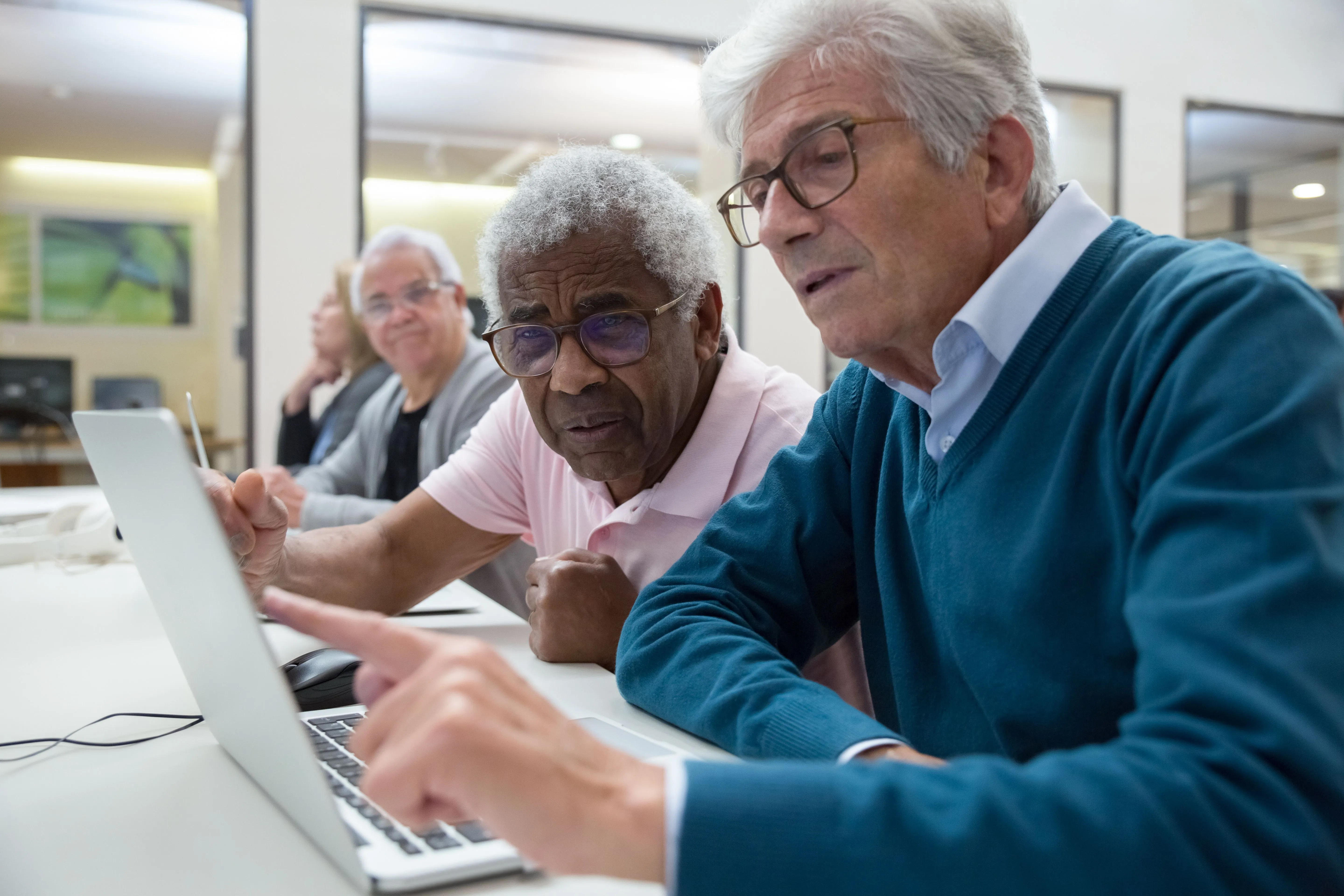 Two senior men working together at a laptop in a computer class